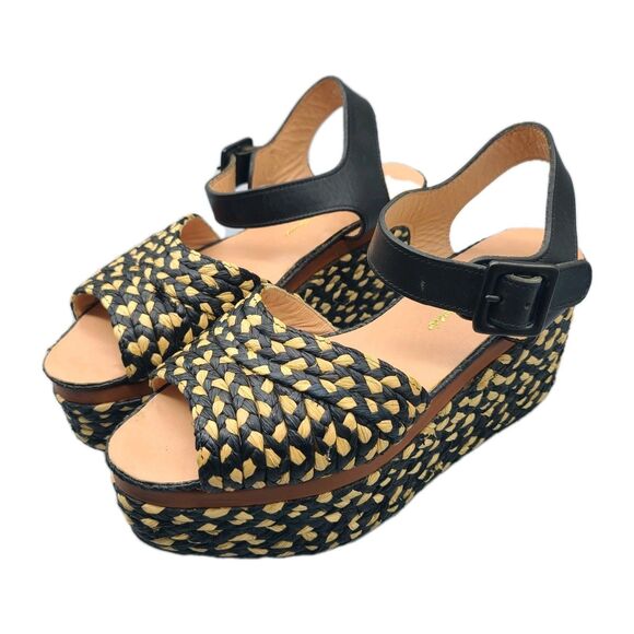 Robert Clergerie straw printed espadrille Sandals Beige Black Size US 6.5 37 New